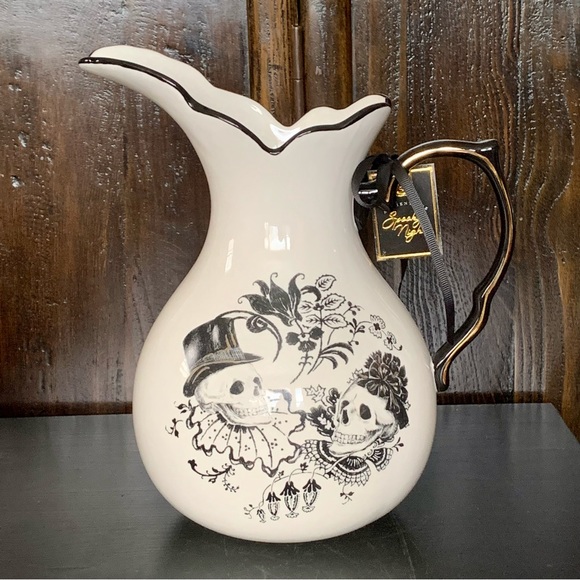 Spooky Night Dapper Skeletons 88oz Halloween Pitcher Skulls Flowers Crow - Picture 2 of 16
